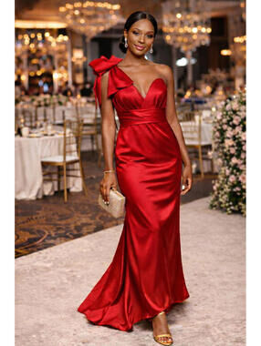 Mac Duggal 49454 Red One Shoulder Bow Satin Gown Formal Evening Dress Size 8 NWT